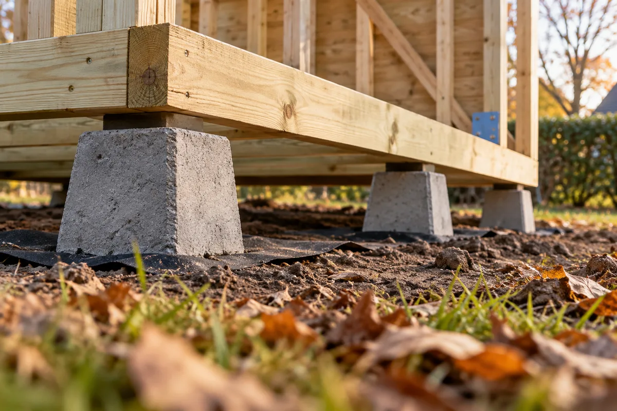Plots béton et lambourdes ventilées sous une ossature bois