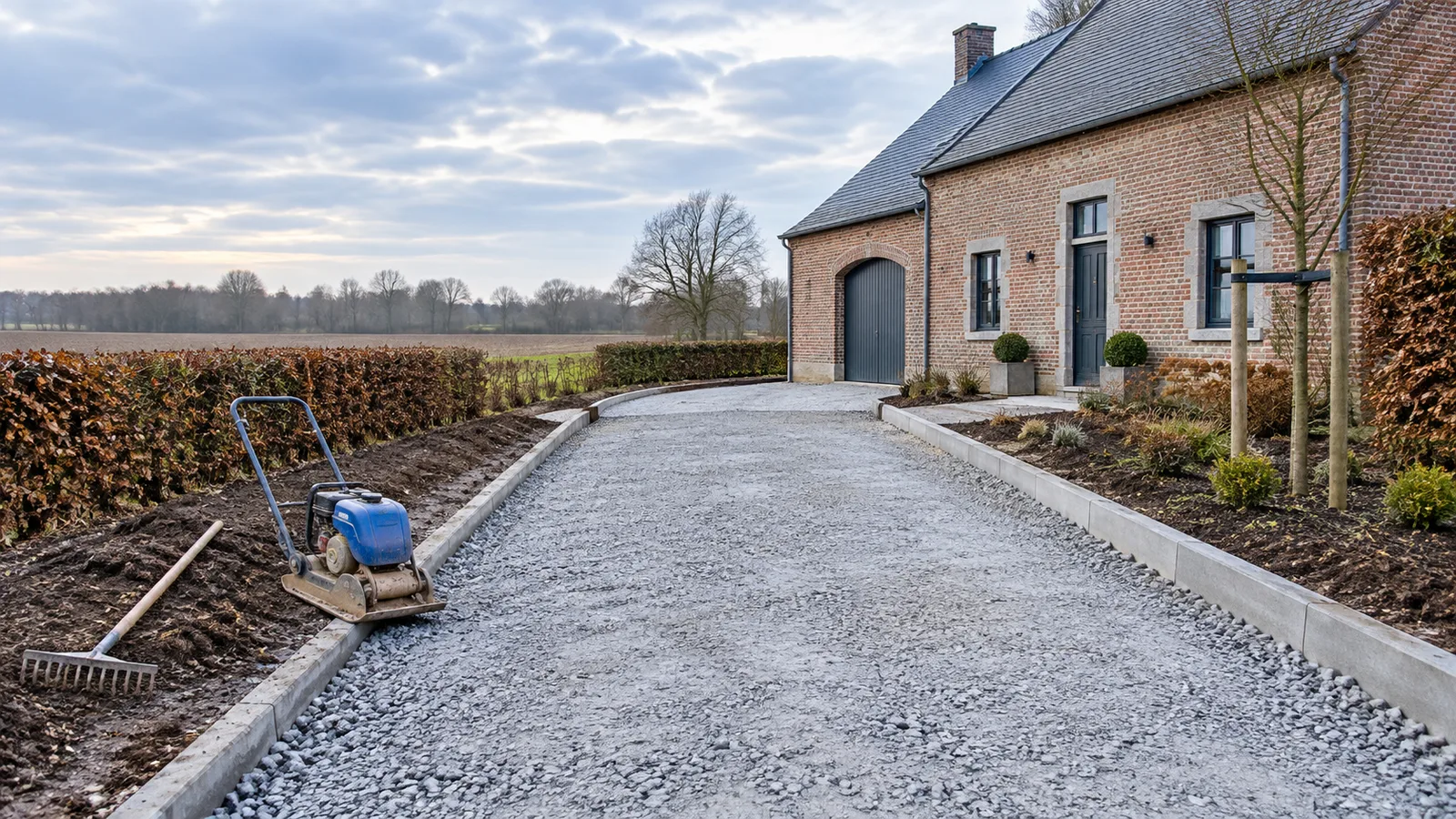 Allée d'accès en cours d'aménagement : fond de forme compacté en pierre concassée et bordures béton