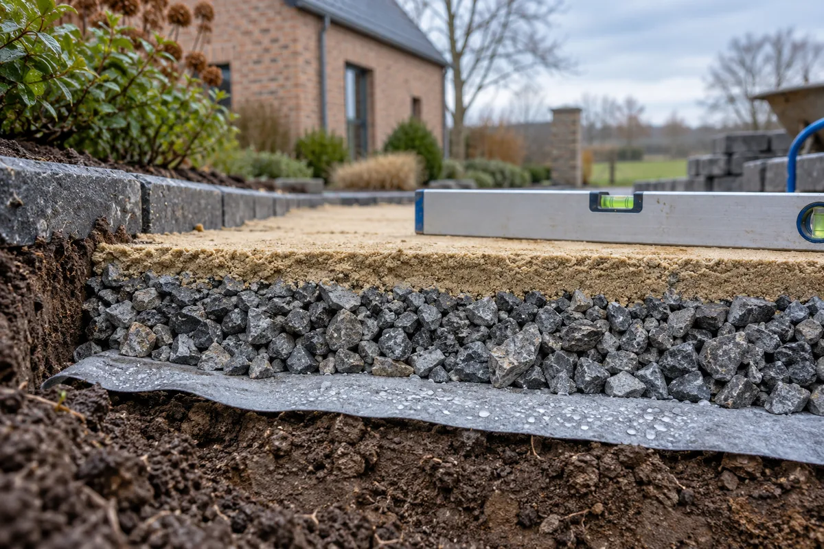 Coupe d'une fondation d'allée : terre, géotextile, empierrement compacté et lit de sable