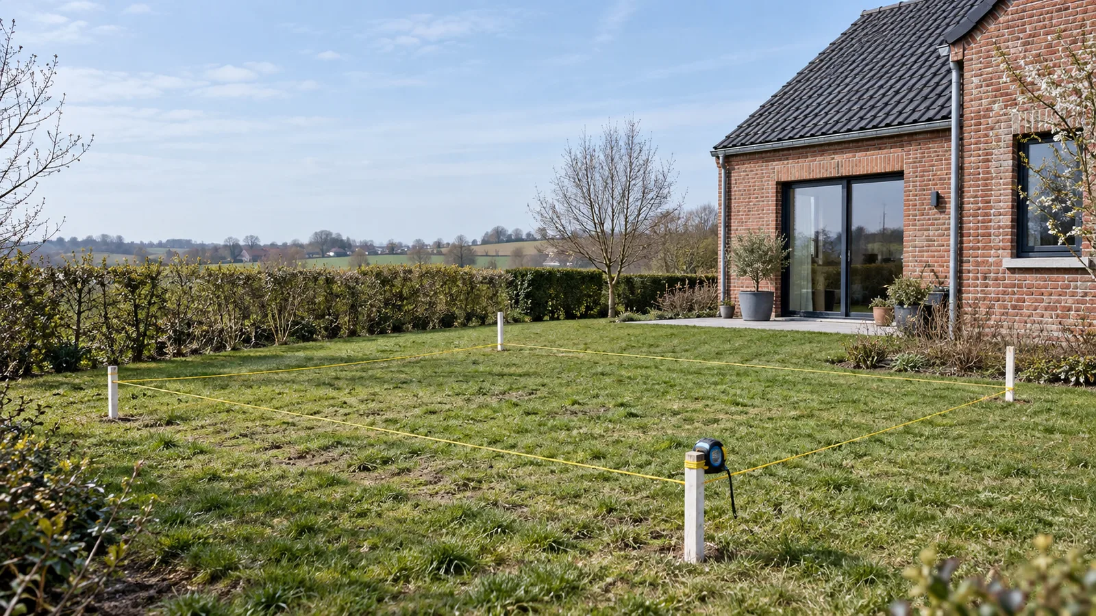 Emprise d'une future annexe en bois piquetée dans un jardin belge