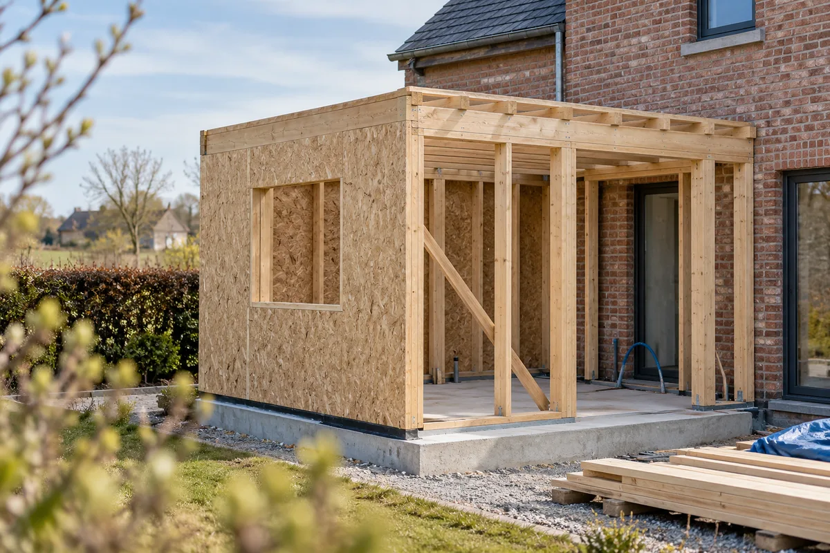 Annexe en ossature bois à moitié montée, accolée à une maison en briques