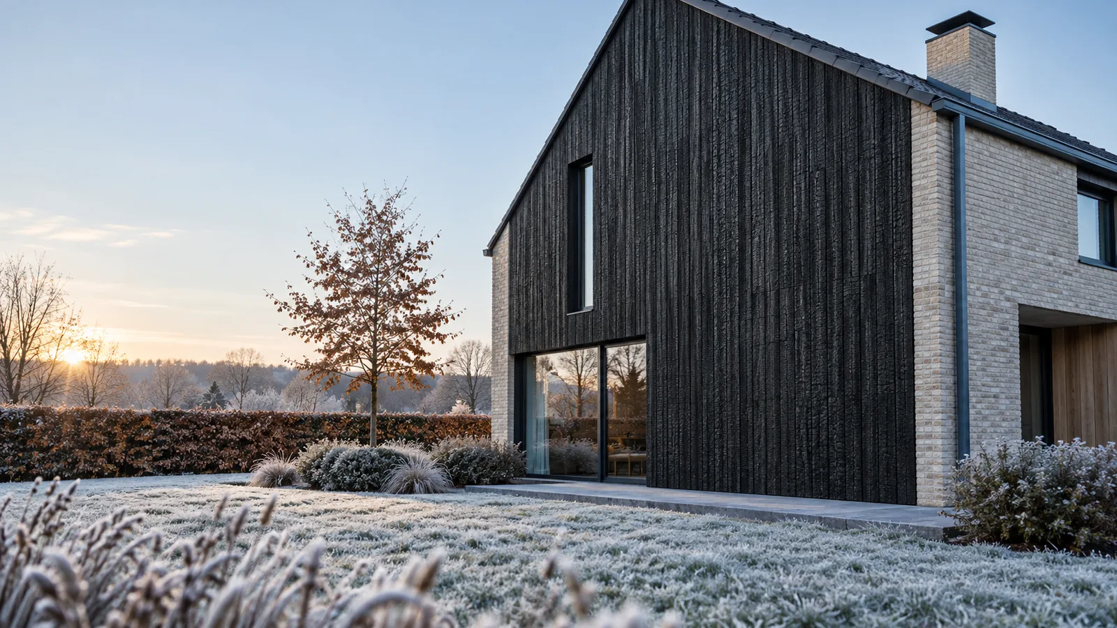Pignon de maison habillé d'un bardage en bois brûlé noir sous le givre