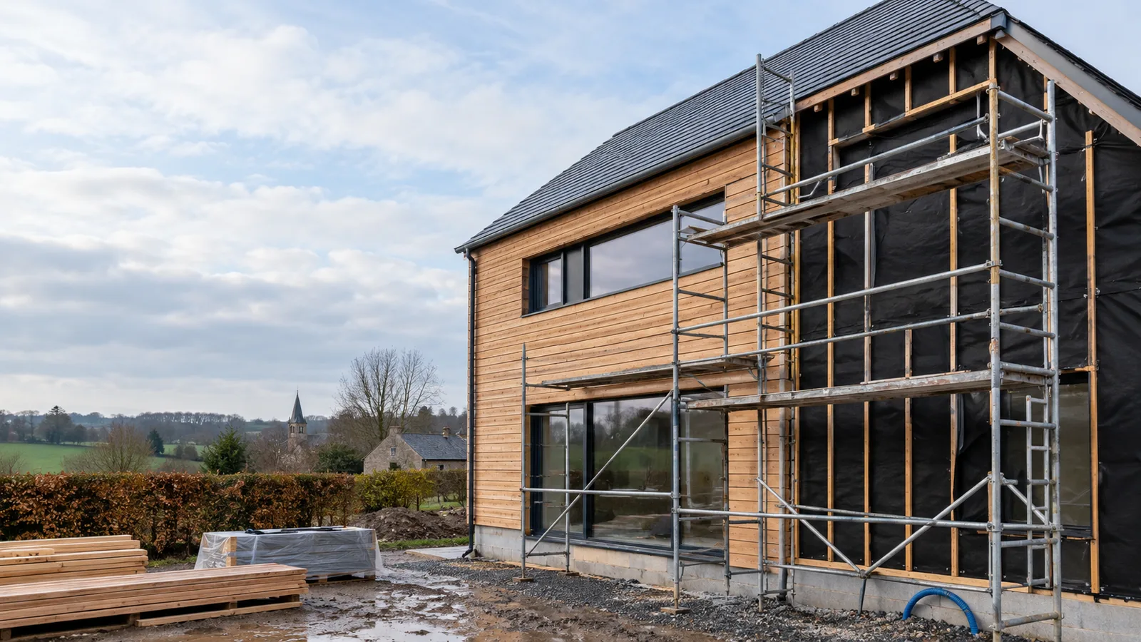 Façade en cours de bardage : lames de bois clair d'un côté, pare-pluie et lattage de l'autre