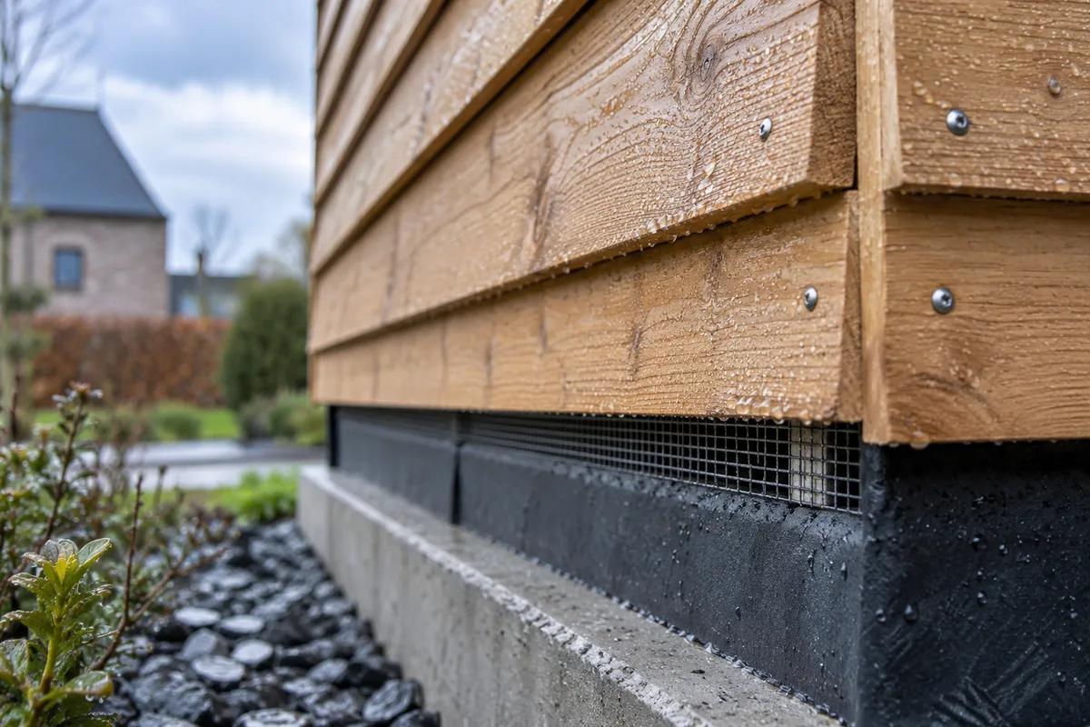 Angle de bardage bois : lames à recouvrement, lame d'air et grille anti-rongeurs