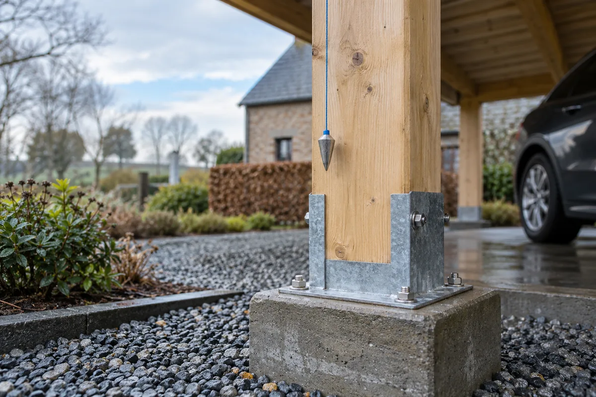 Pied de poteau de carport sur platine galvanisée et plot béton