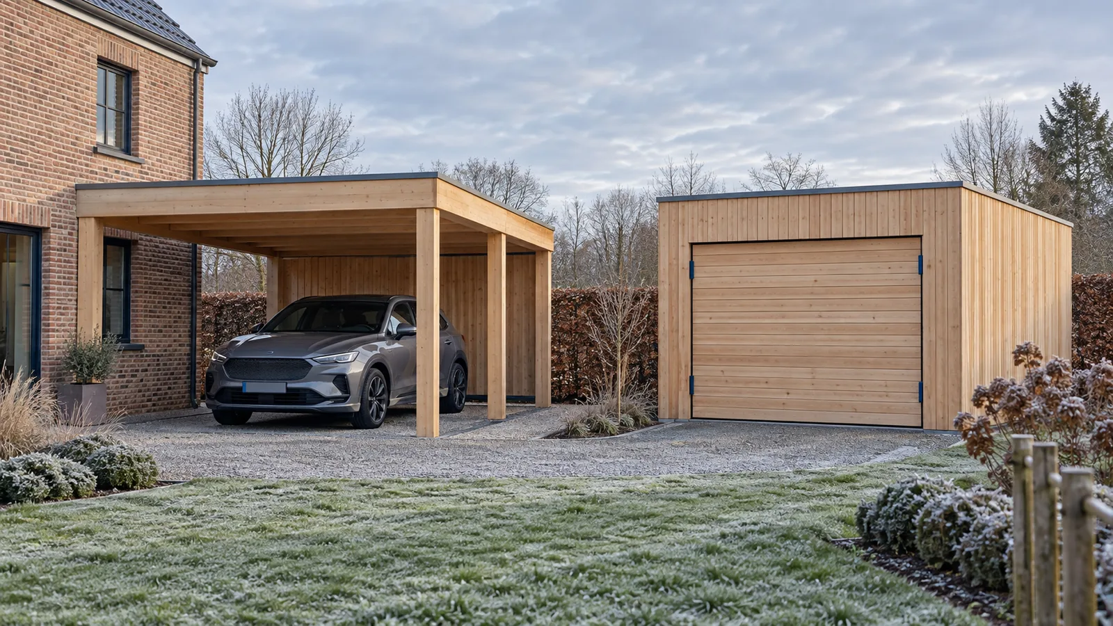 Carport ouvert et garage fermé en bois clair côte à côte