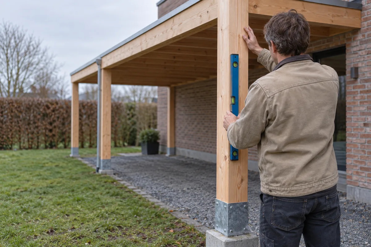 Charpentier contrôlant la verticalité d'un poteau de carport au niveau