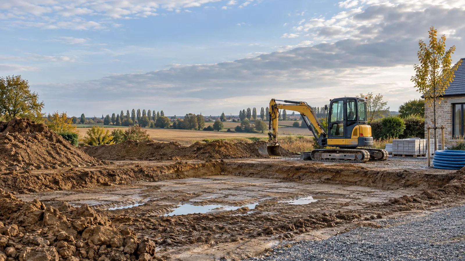 Chantier de terrassement en Hesbaye au début de l'automne, mini-pelle à l'arrêt