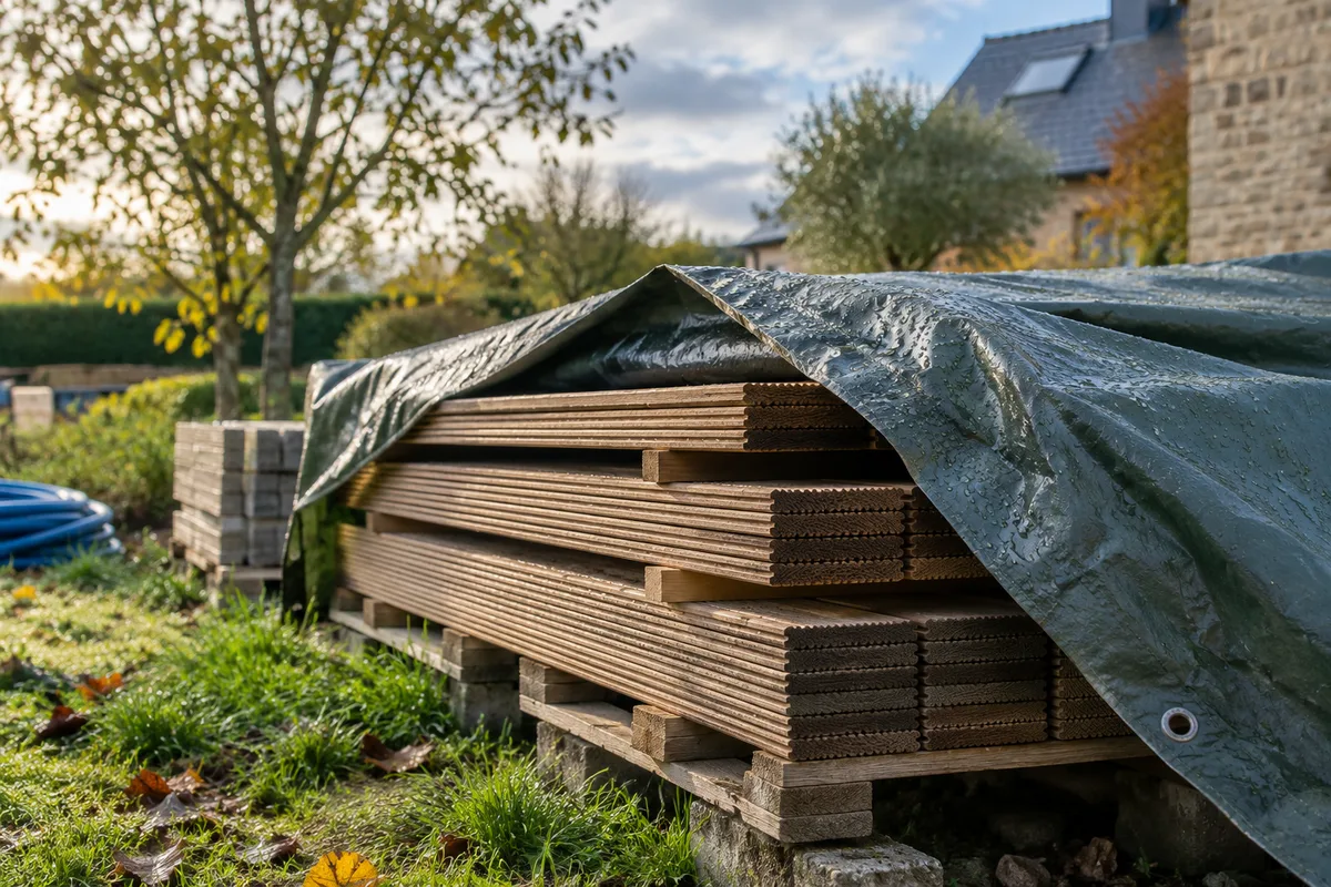Planches de bois de terrasse stockées sur palettes sous une bâche