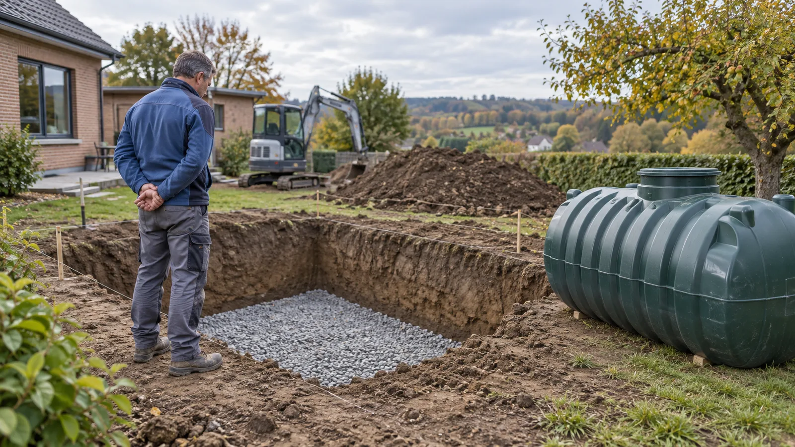 Fouille creusée dans un jardin avec citerne d'eau de pluie prête à descendre