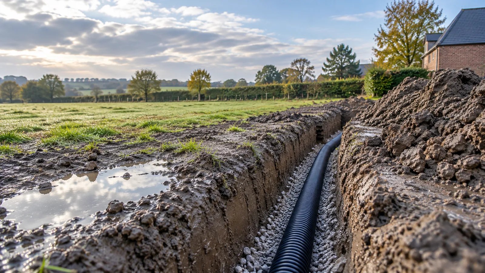 Tranchée de drainage dans un sol argileux, tuyau annelé posé sur du gravier