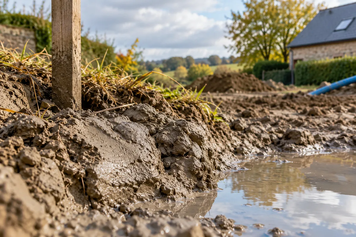 Argile compacte et flaque d'eau stagnante au bord d'une tranchée