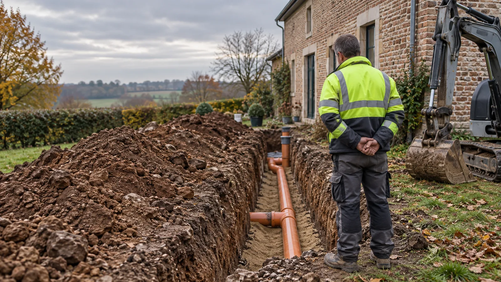 Tranchée d'égouttage avec tuyaux PVC ouverte le long d'une maison ancienne