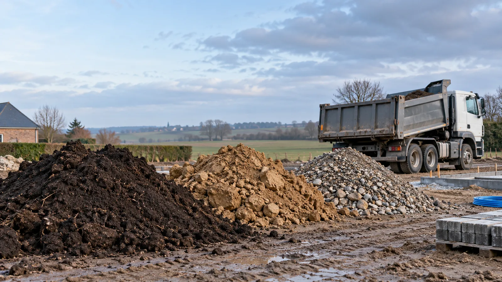 Terres de terrassement triées en tas et camion benne sur un chantier