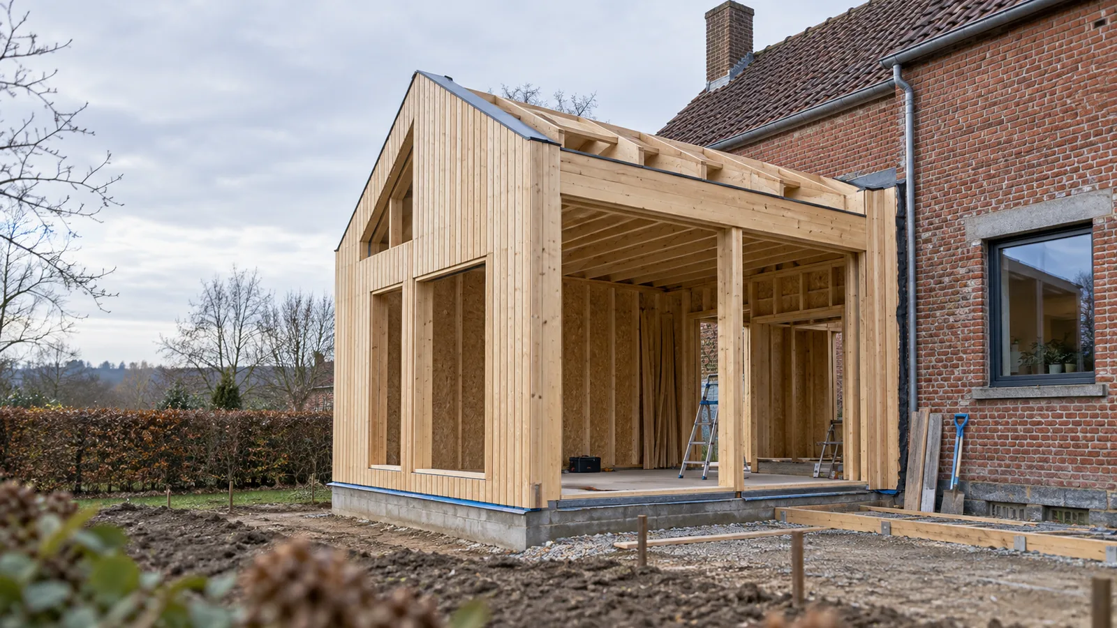 Extension en ossature bois en montage adossée à une maison en briques