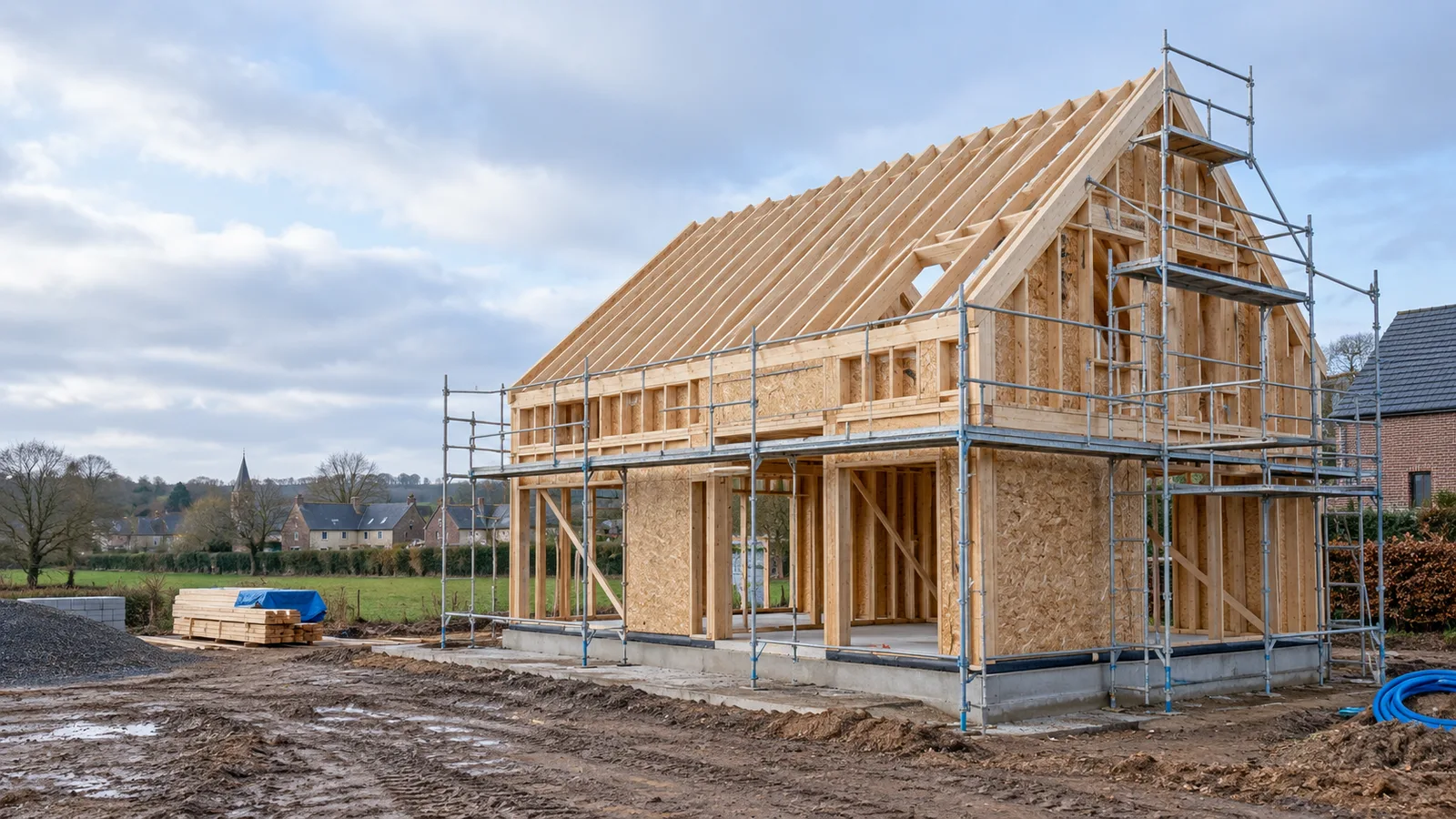 Maison à ossature bois au stade hors d'eau, échafaudage en place