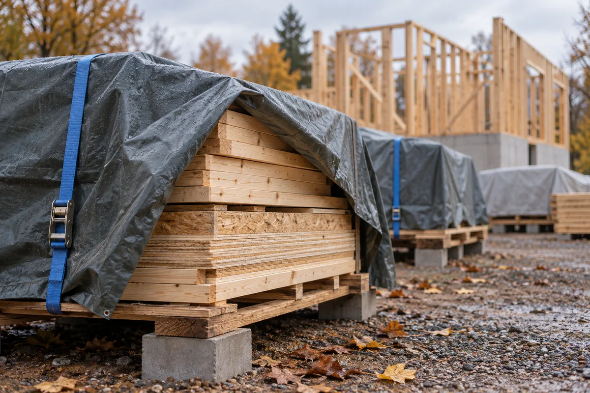 Palettes de bois stockées hors sol sous bâches sanglées