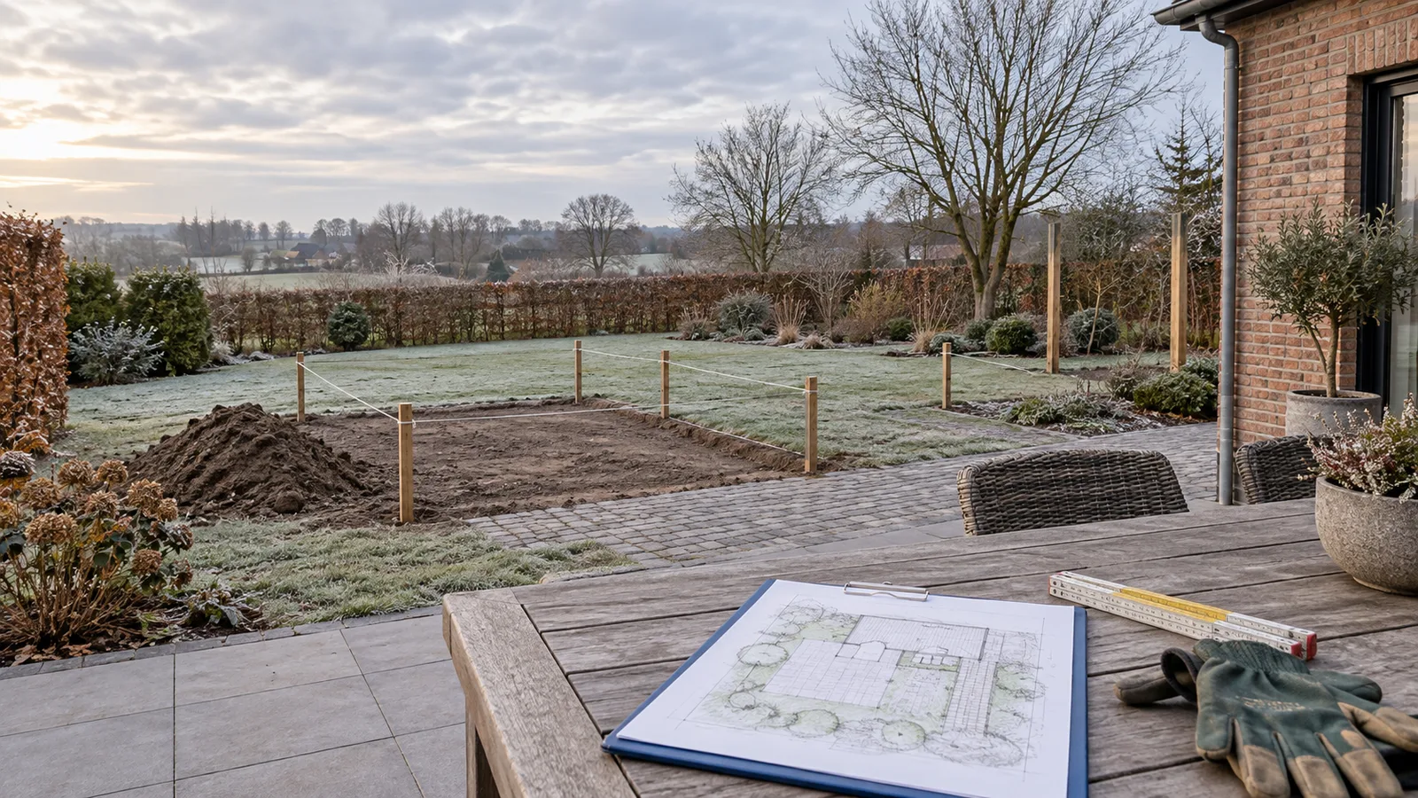 Jardin d'hiver avec emplacements de travaux délimités par des piquets