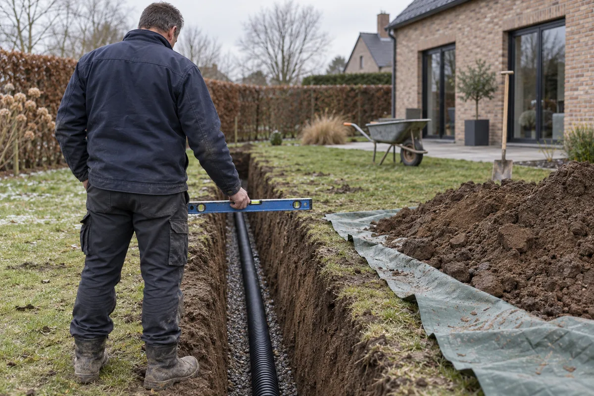 Tranchée d'égouttage ouverte dans une pelouse avec tuyau de drainage