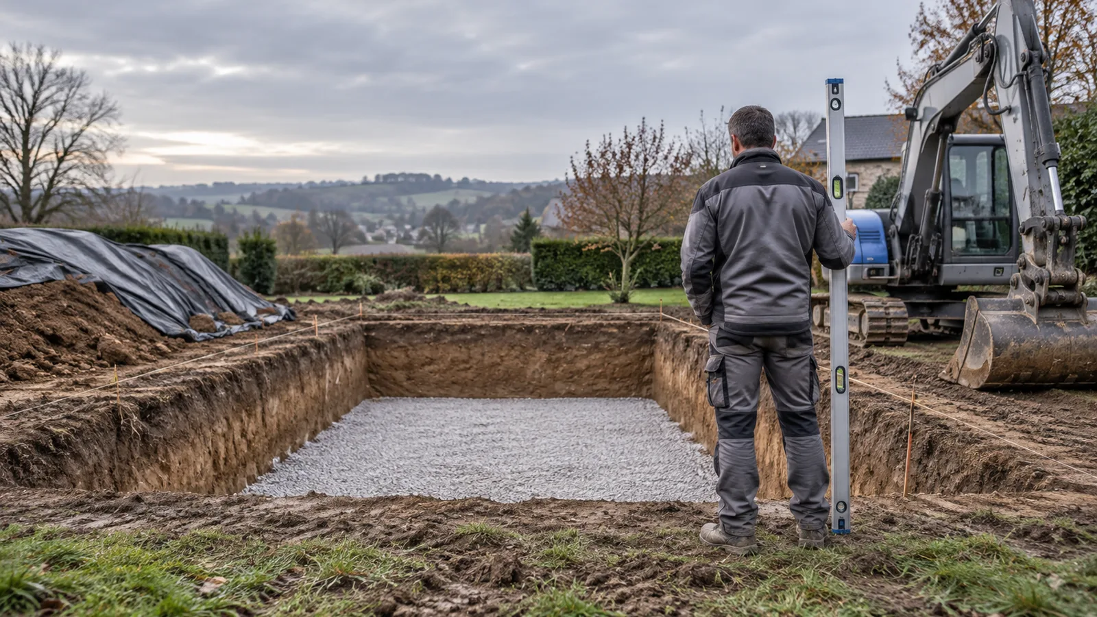 Terrassier contrôlant une fouille de piscine au niveau de chantier