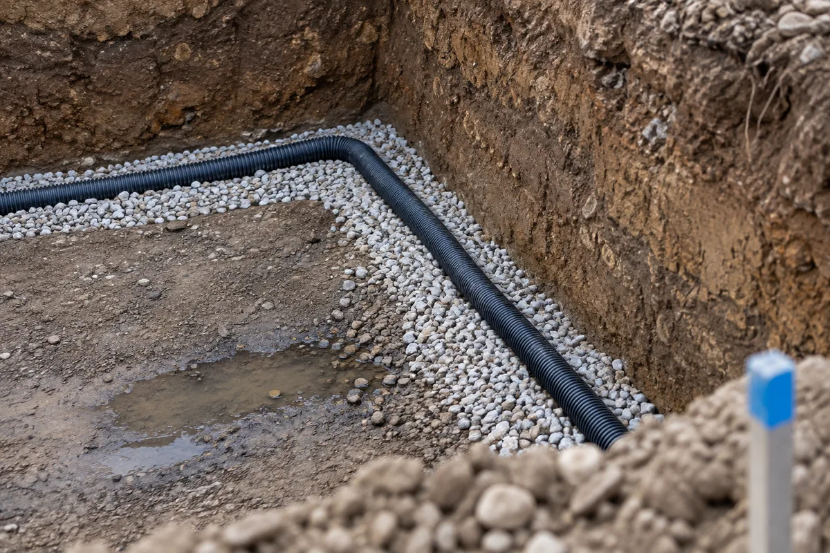 Drain annelé posé dans une rigole de gravier au fond d'une fouille