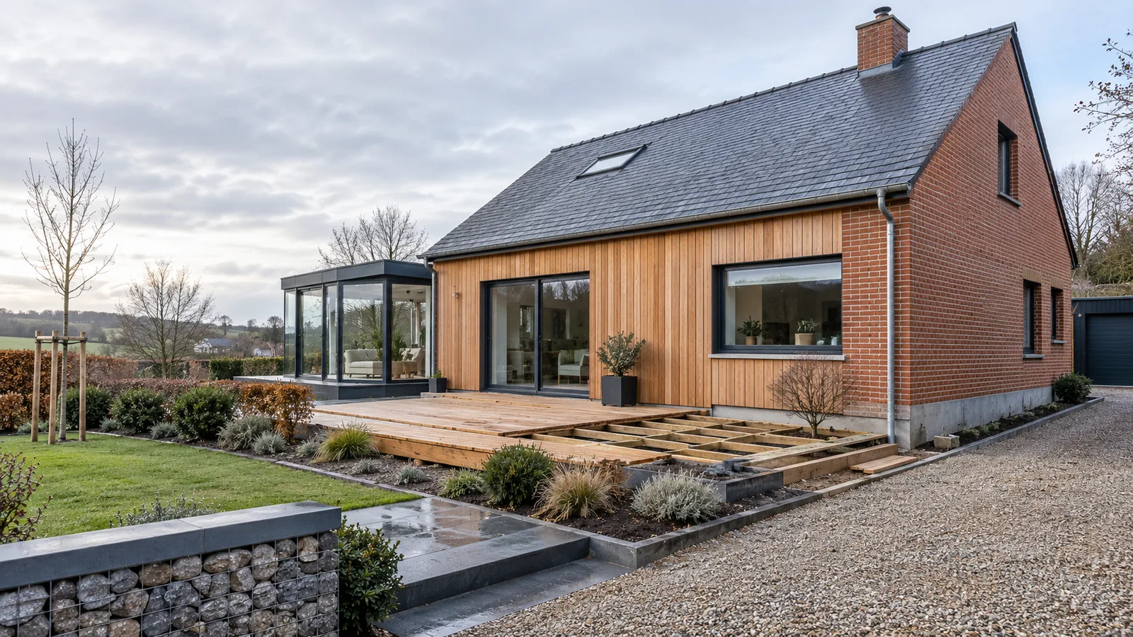 Maison en rénovation extérieure : bardage bois neuf, terrasse en construction et allée en gravier