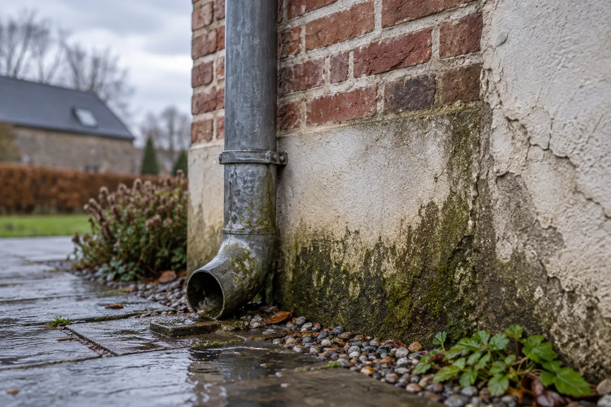 Pied de mur en briques avec humidité remontante et descente d'eau pluviale usée
