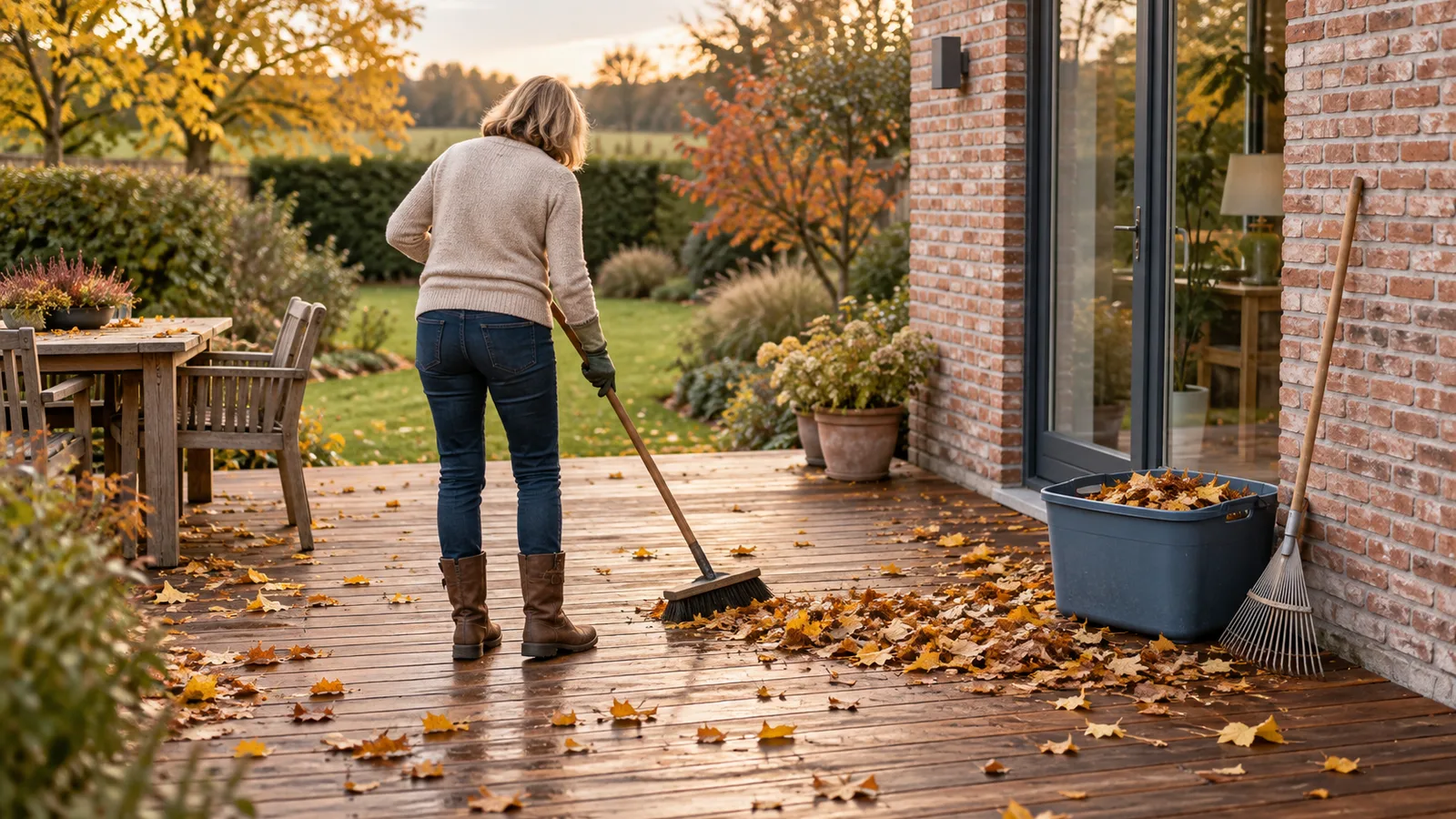 Femme balayant les feuilles mortes d'une terrasse en bois