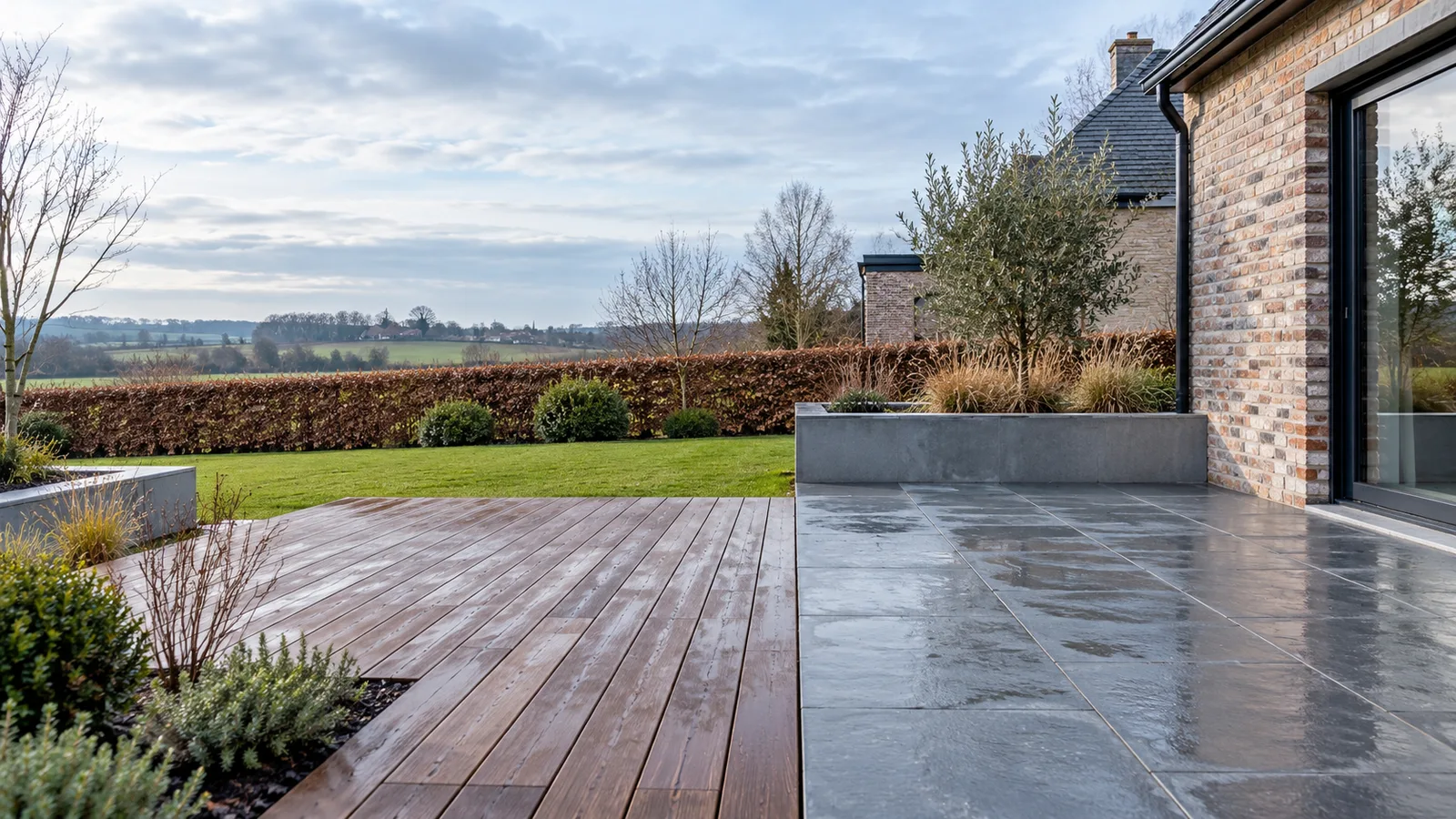 Terrasse mixte : lames de bois d'un côté, dalles de pierre bleue de l'autre