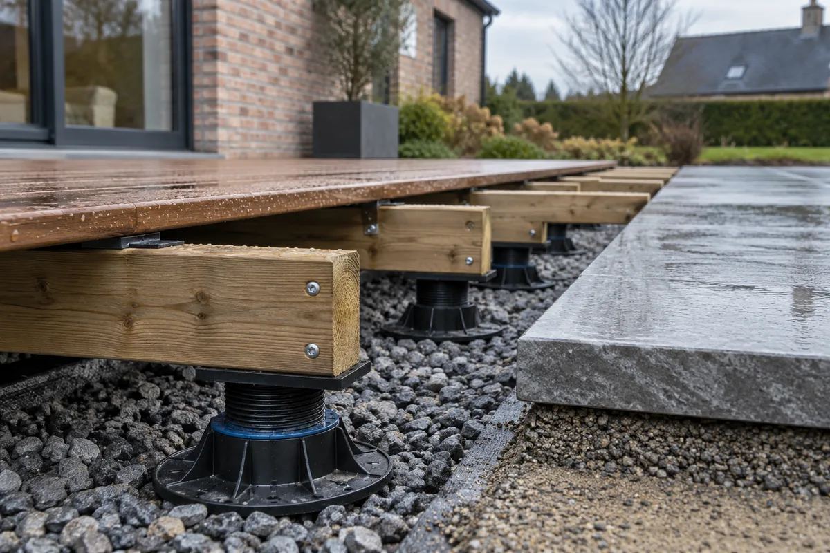 Structure d'une terrasse en bois sur plots réglables, à côté d'une dalle de pierre