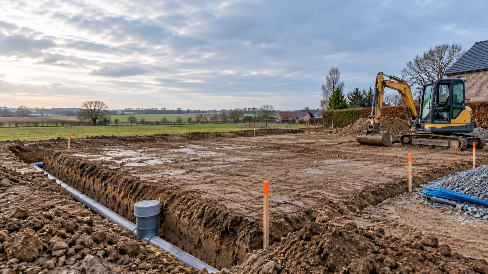 Terrain à bâtir nivelé avec tranchée de fondation et tuyau d'égout