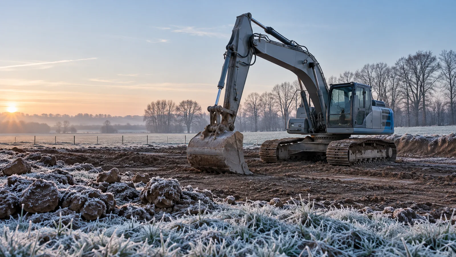 Pelle hydraulique au repos sur un chantier piqué de givre